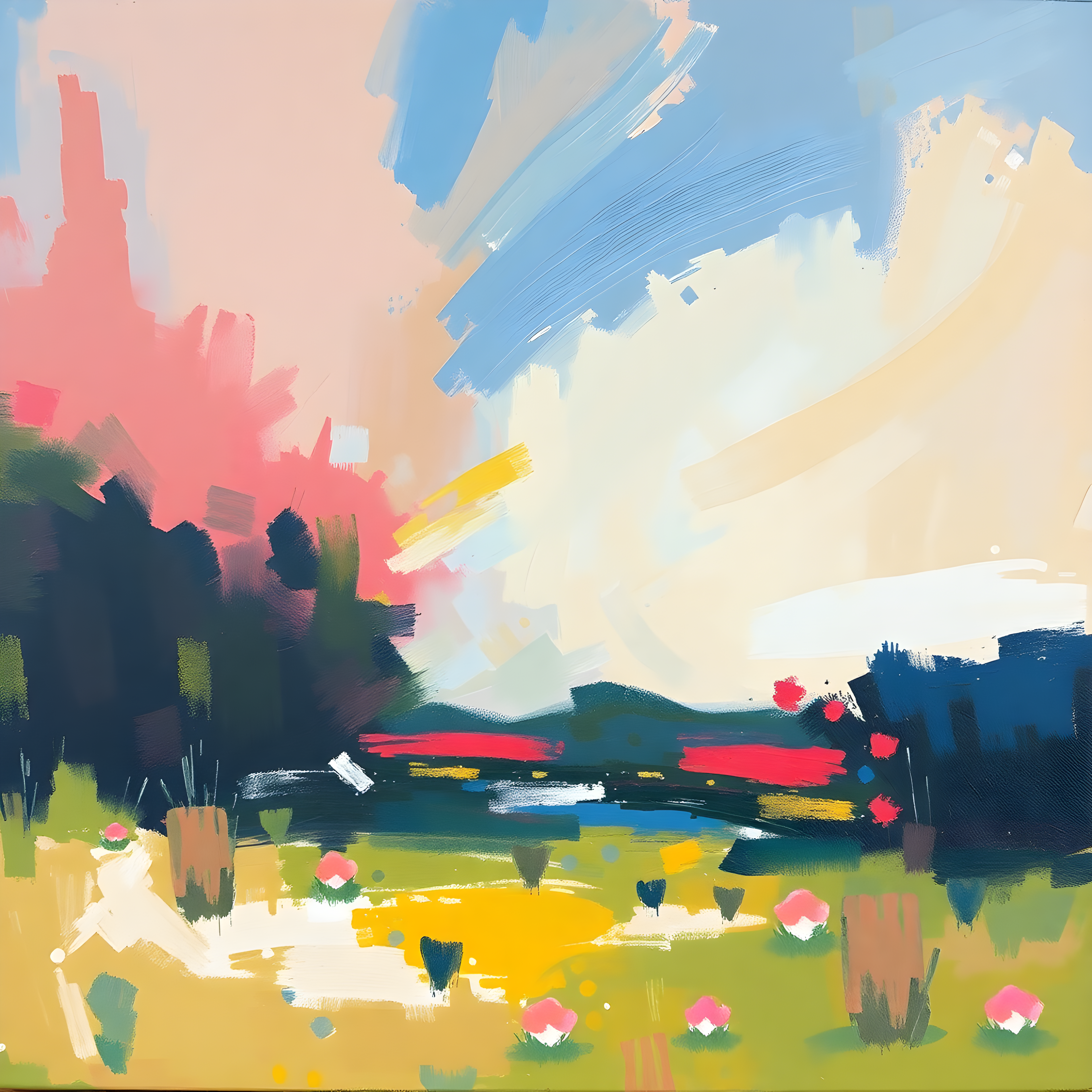 Abstract Landscape with Pink Sky & Green Fields Wall Art
