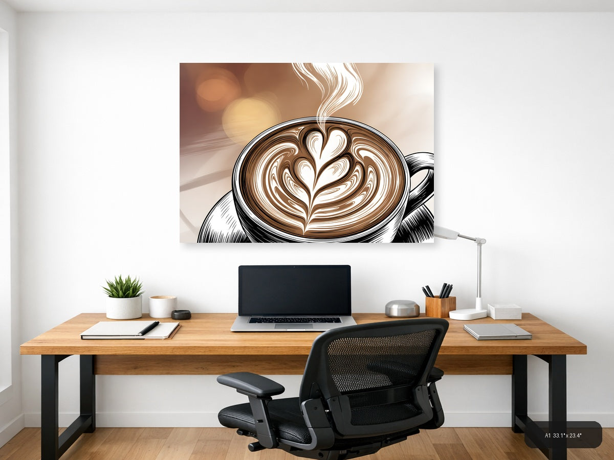 Latte Art Line Art - Coffee Cup with Heart Design Wall Art — A1 / Office