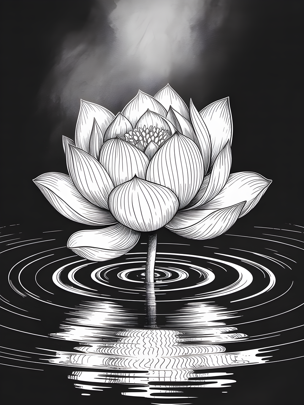 Lotus Flower Ripples Black & White Line Art Wall Art