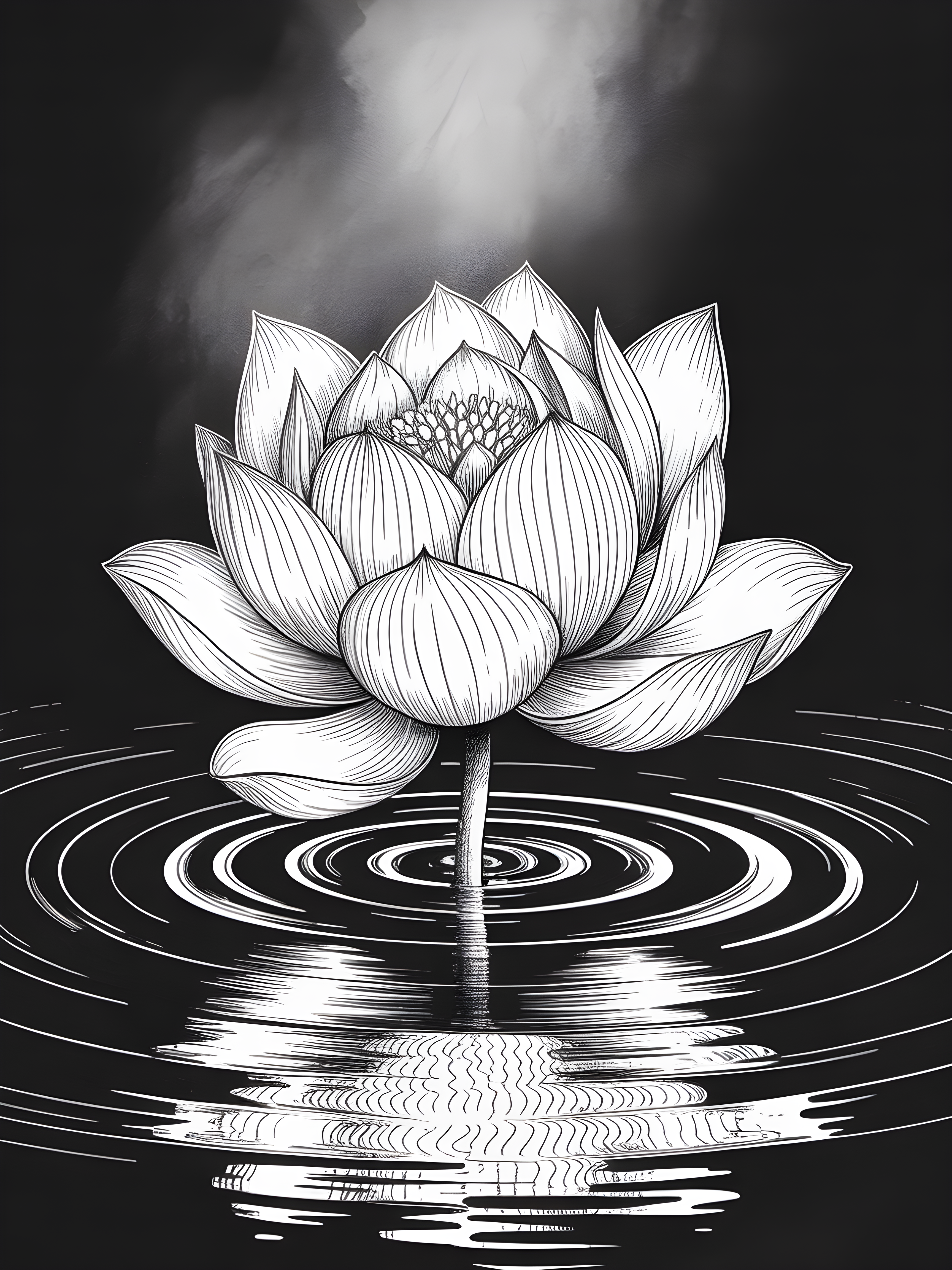 Lotus Flower Ripples Black & White Line Art Wall Art