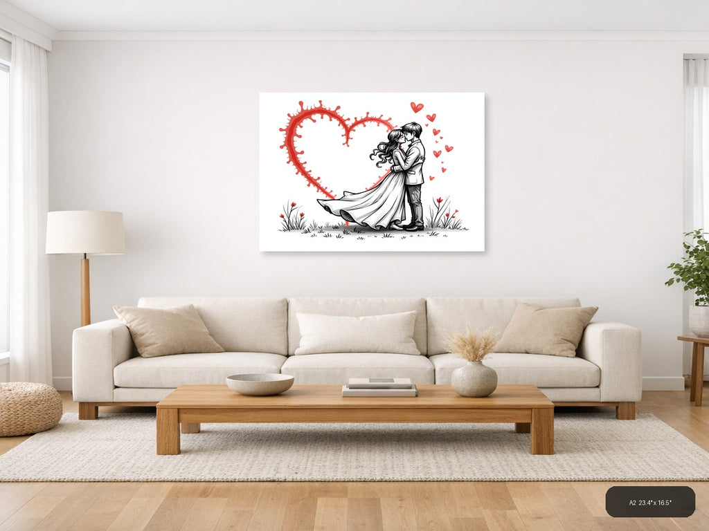 Couple Kissing Red Heart Line Art Wall Art — A2 / Living Room