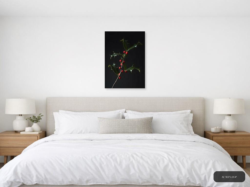 Holly Branch with Red Berries | Fine Art Photography Wall Art — A2 / Bedroom
