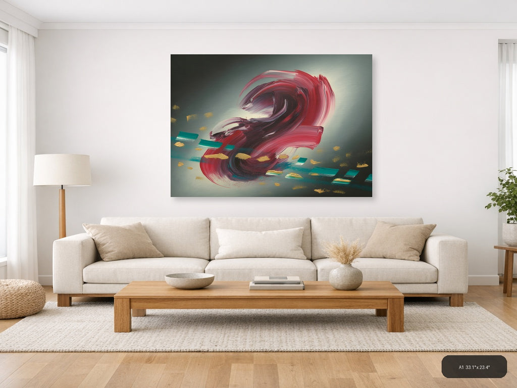 Red Abstract Swirl with Gold Accents Modern Wall Art — A1 / Living Room