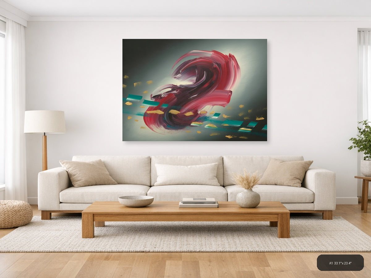 Red Abstract Swirl with Gold Accents Modern Wall Art — A1 / Living Room