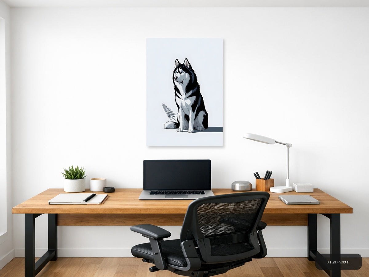 Minimalist Husky Portrait Black White Wall Art — A1 / Office