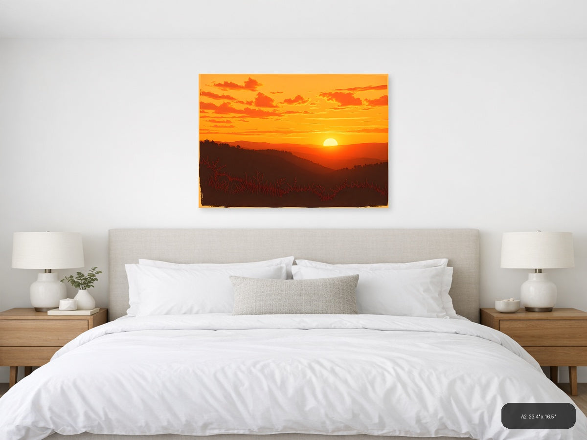 Vintage Sunset Over Mountains - Landscape Wall Art — A2 / Bedroom