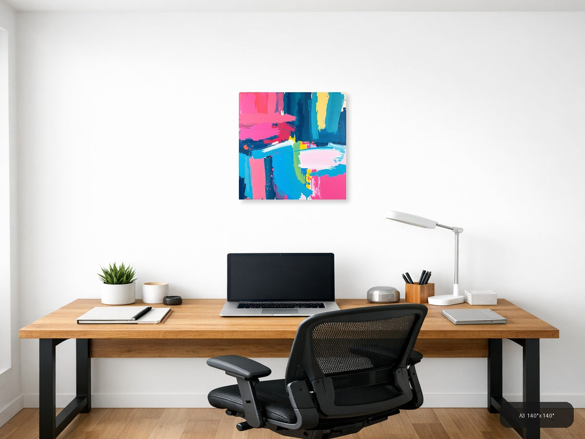 Vibrant Abstract Brushstrokes Cyan Pink Yellow Wall Art — A3 / Office