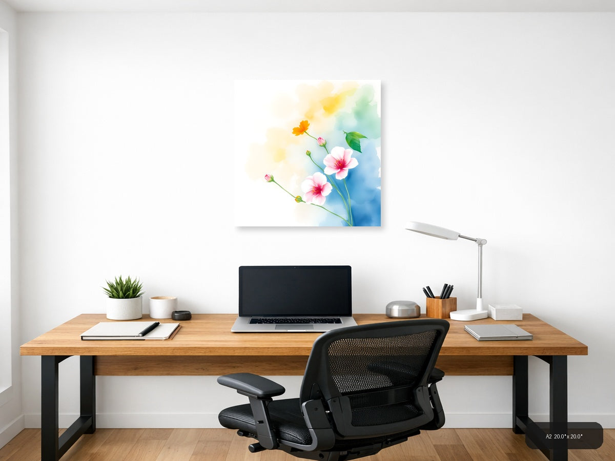 Watercolor Pink & Yellow Flowers on Blue Wall Art — A2 / Office