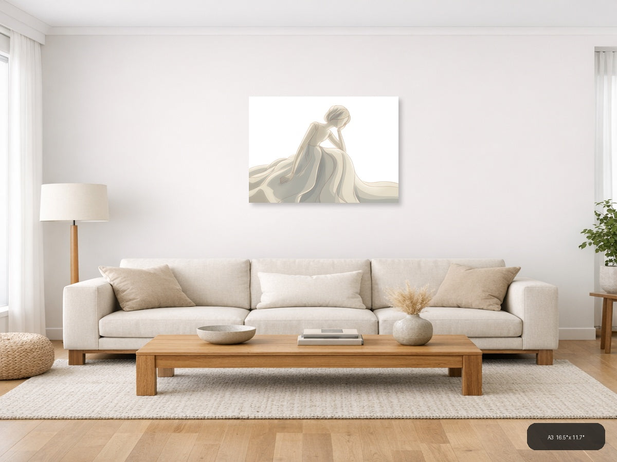 Elegant Woman in Flowing Gown Minimalist Wall Art — A3 / Living Room