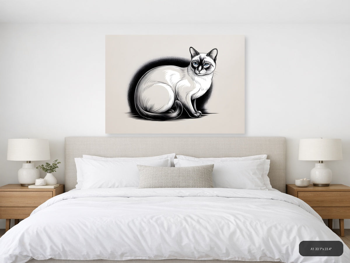 Siamese Cat with Fluffy Tail Line Art Wall Art — A1 / Bedroom