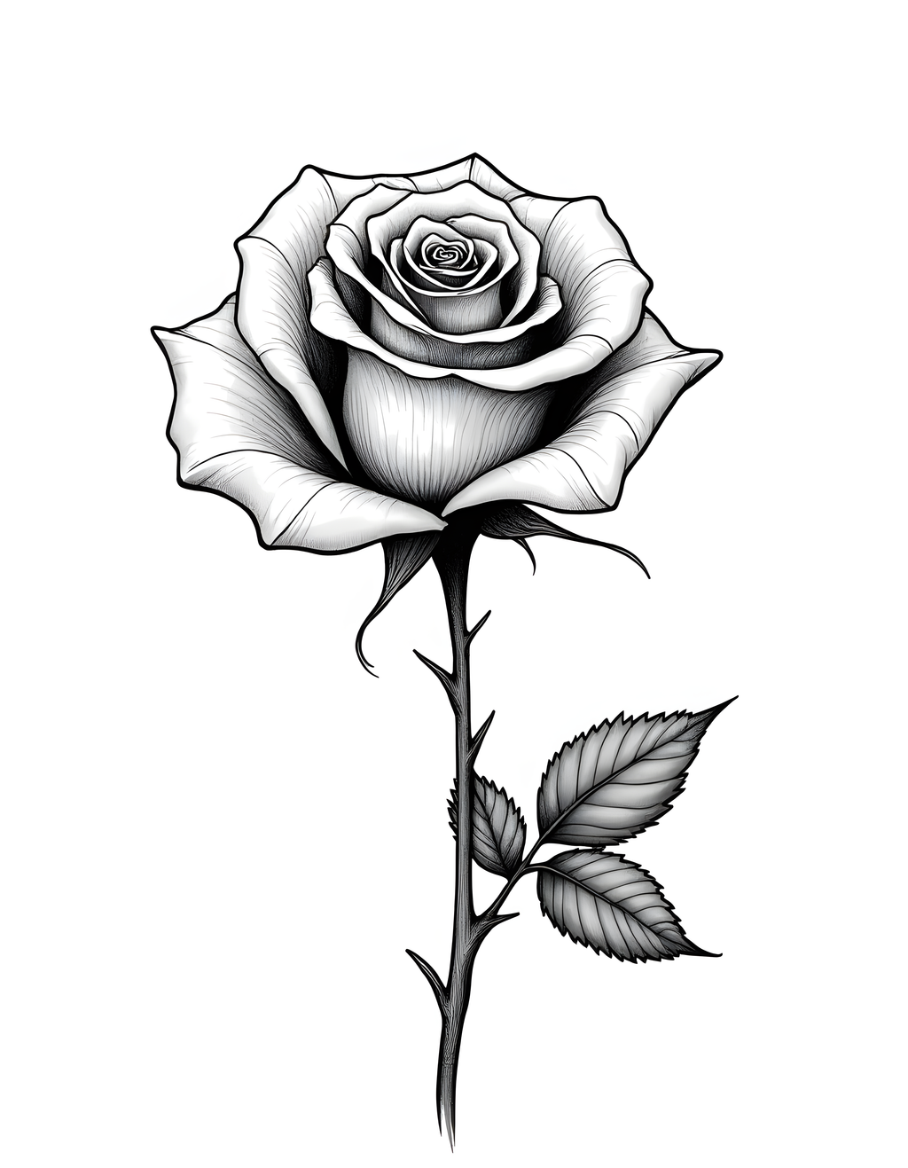 Rose Line Art Portrait with Stem and Leaves Wall Art