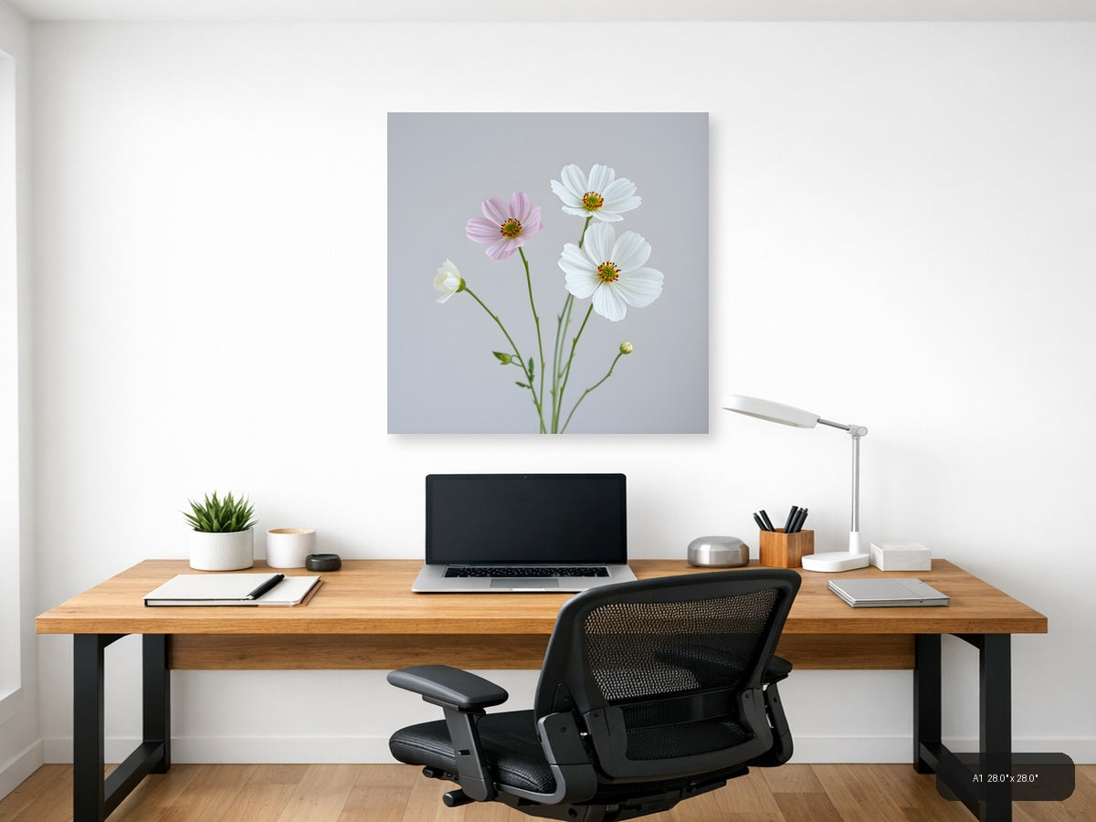 Minimalist Cosmos Flowers Pink White Wall Art — A1 / Office