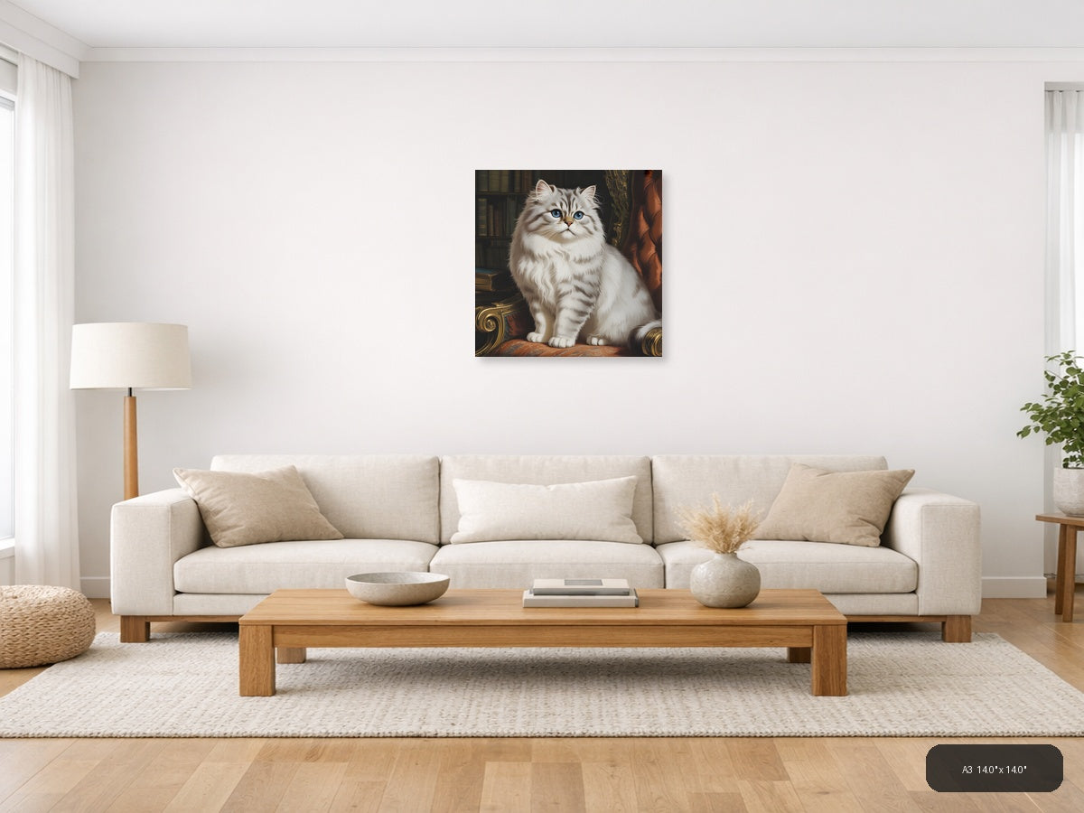 Vintage White Persian Cat Blue Eyes Library Wall Art — A3 / Living Room