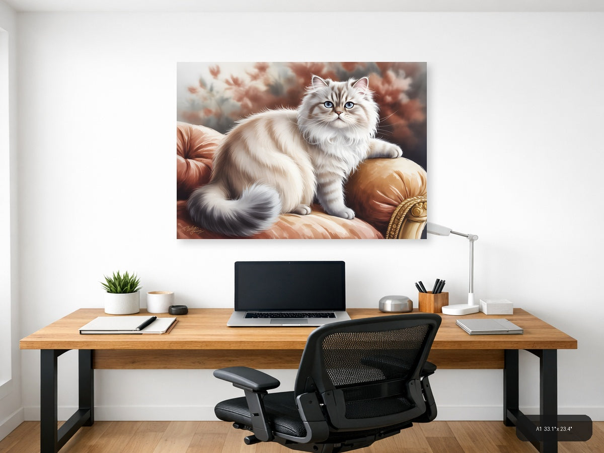 Fluffy White Cat on Red Cushion Watercolor Wall Art — A1 / Office