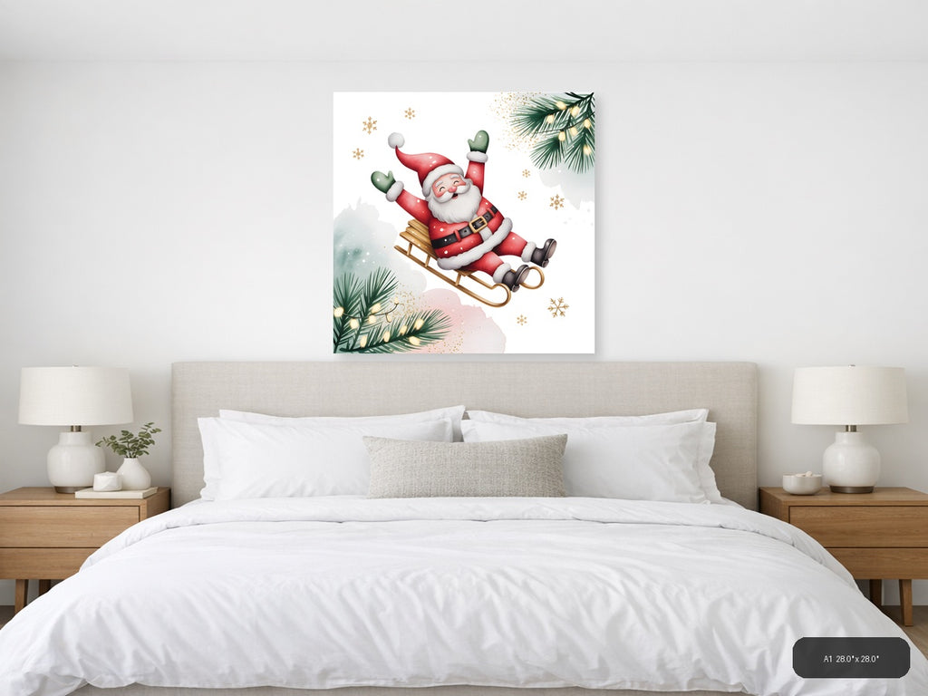 Jolly Santa on Sleigh Watercolor Wall Art — A1 / Bedroom