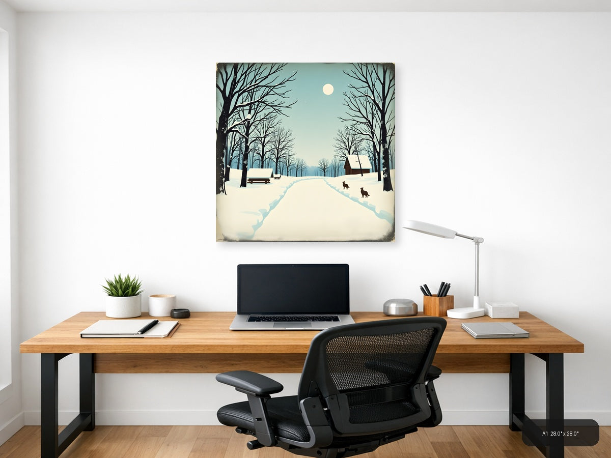 Vintage Winter Landscape with Cabin and Moon Wall Art — A1 / Office