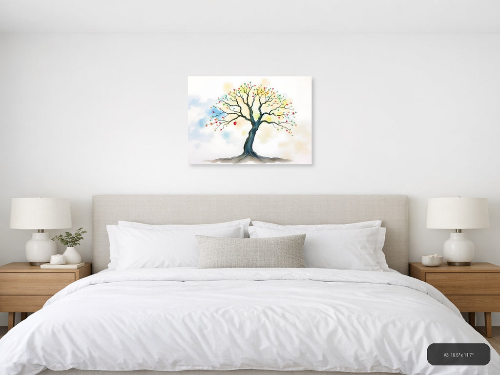 Watercolor Autumn Tree with Colorful Fruits Wall Art — A3 / Bedroom