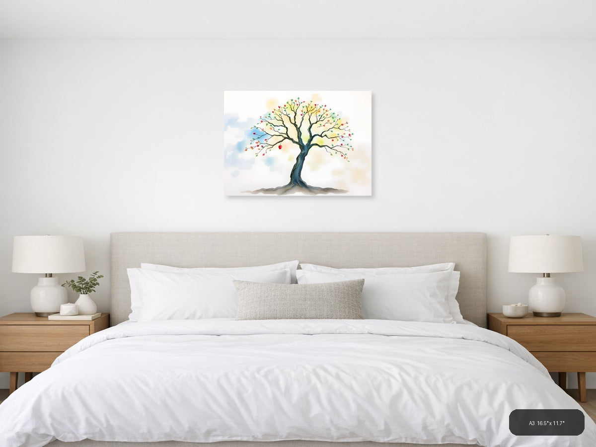 Watercolor Autumn Tree with Colorful Fruits Wall Art — A3 / Bedroom