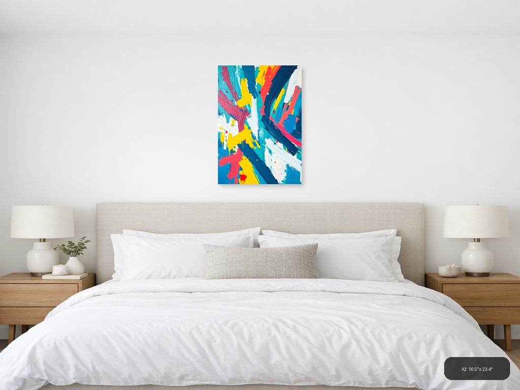 Vibrant Abstract Brush Strokes in Blue, Yellow & Red Wall Art — A2 / Bedroom