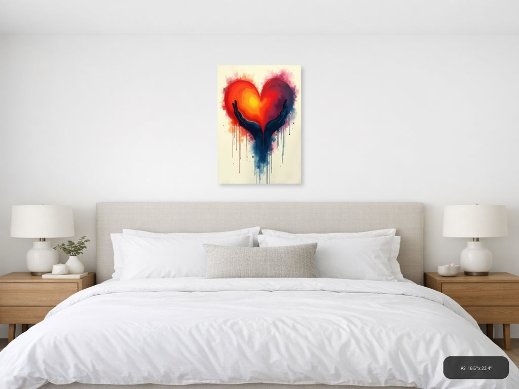 Hands Holding Glowing Heart Abstract Watercolor Wall Art — A2 / Bedroom
