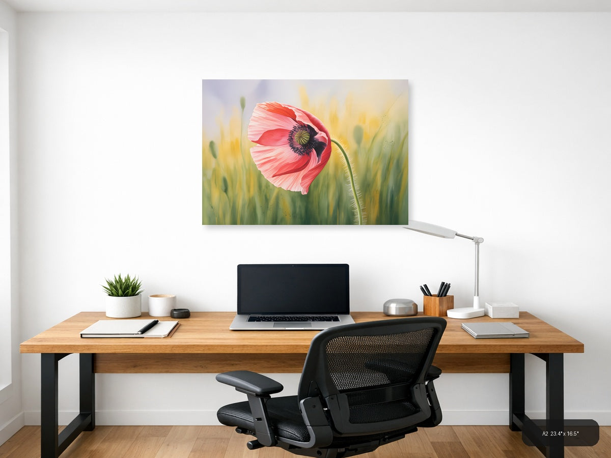 Pink Poppy Watercolor Flower Field Wall Art — A2 / Office