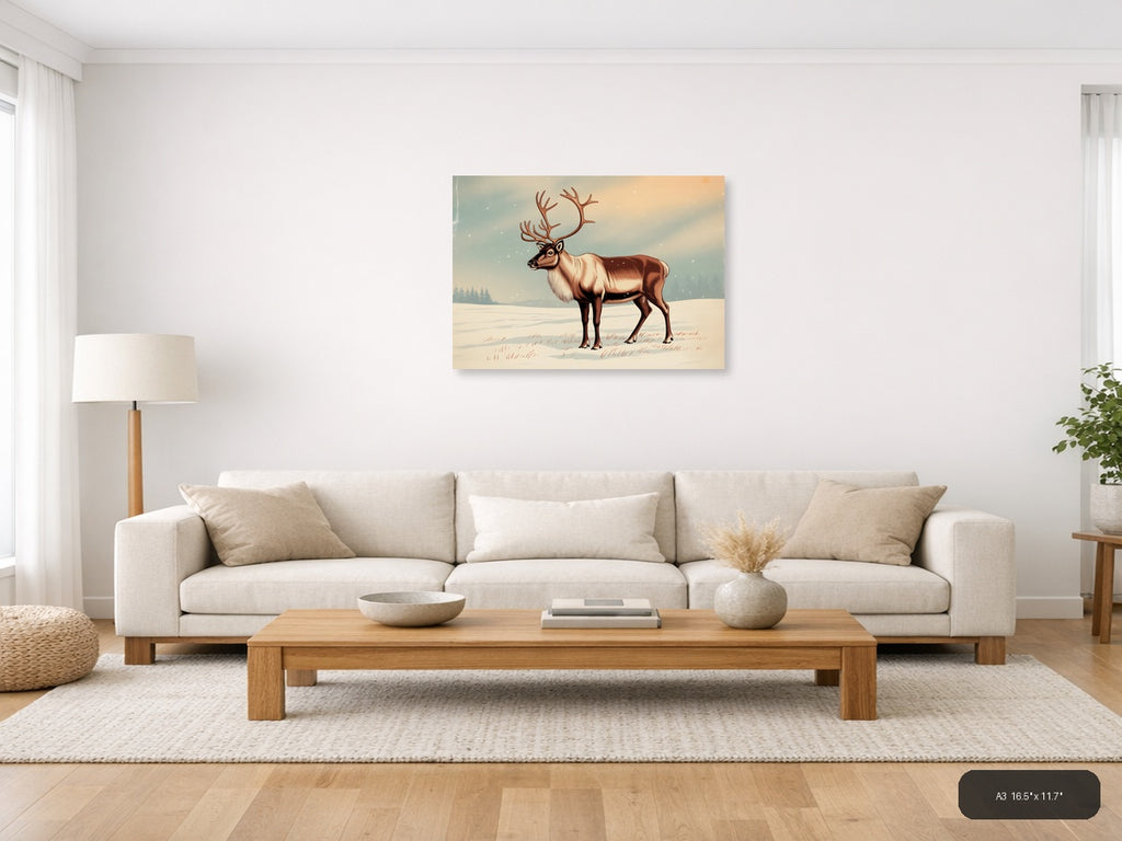 Vintage Reindeer in Snow Landscape Wall Art — A3 / Living Room