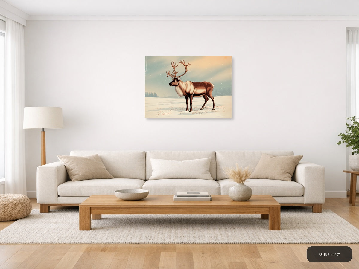 Vintage Reindeer in Snow Landscape Wall Art — A3 / Living Room