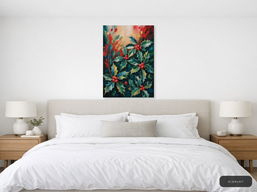 Holly Berry Abstract Botanical Portrait Wall Art — A1 / Bedroom