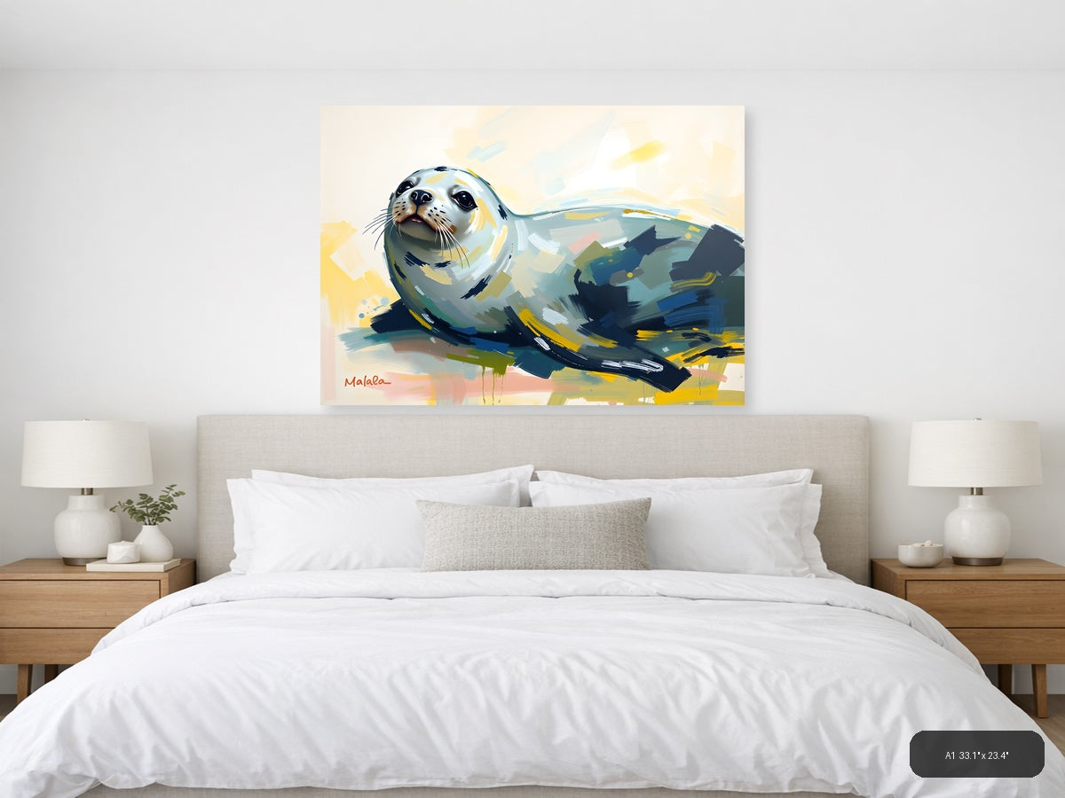 Abstract Seal Portrait with Yellow Accents Wall Art — A1 / Bedroom