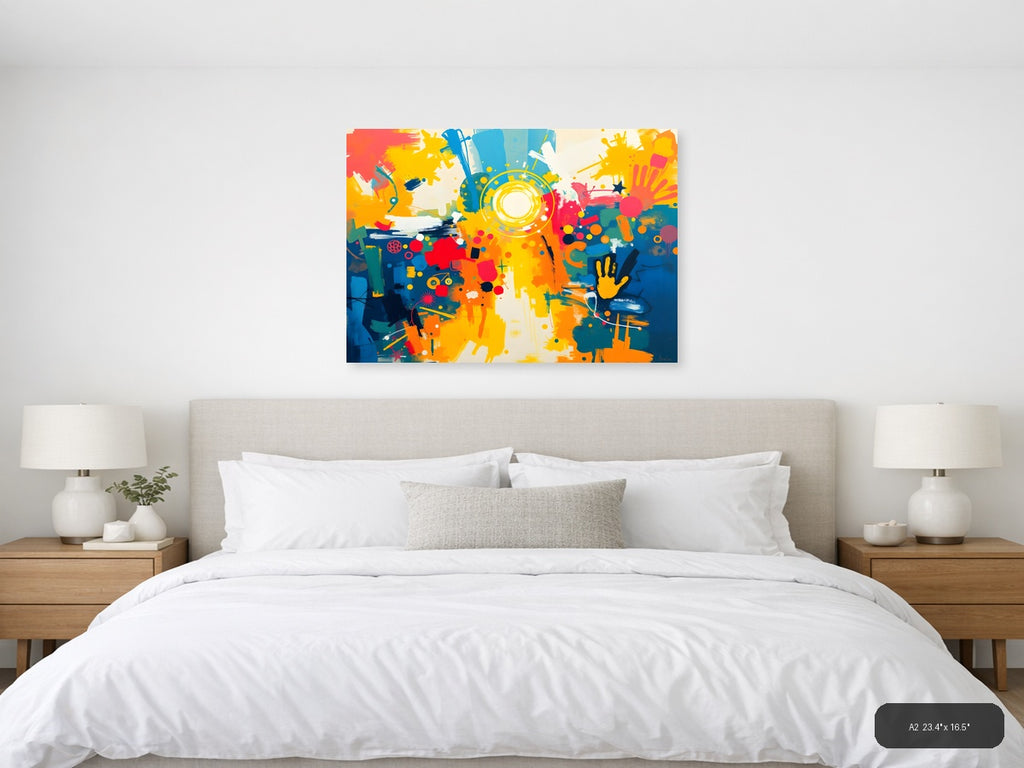 Vibrant Abstract Explosion Circular Yellow Focal Point Wall Art — A2 / Bedroom
