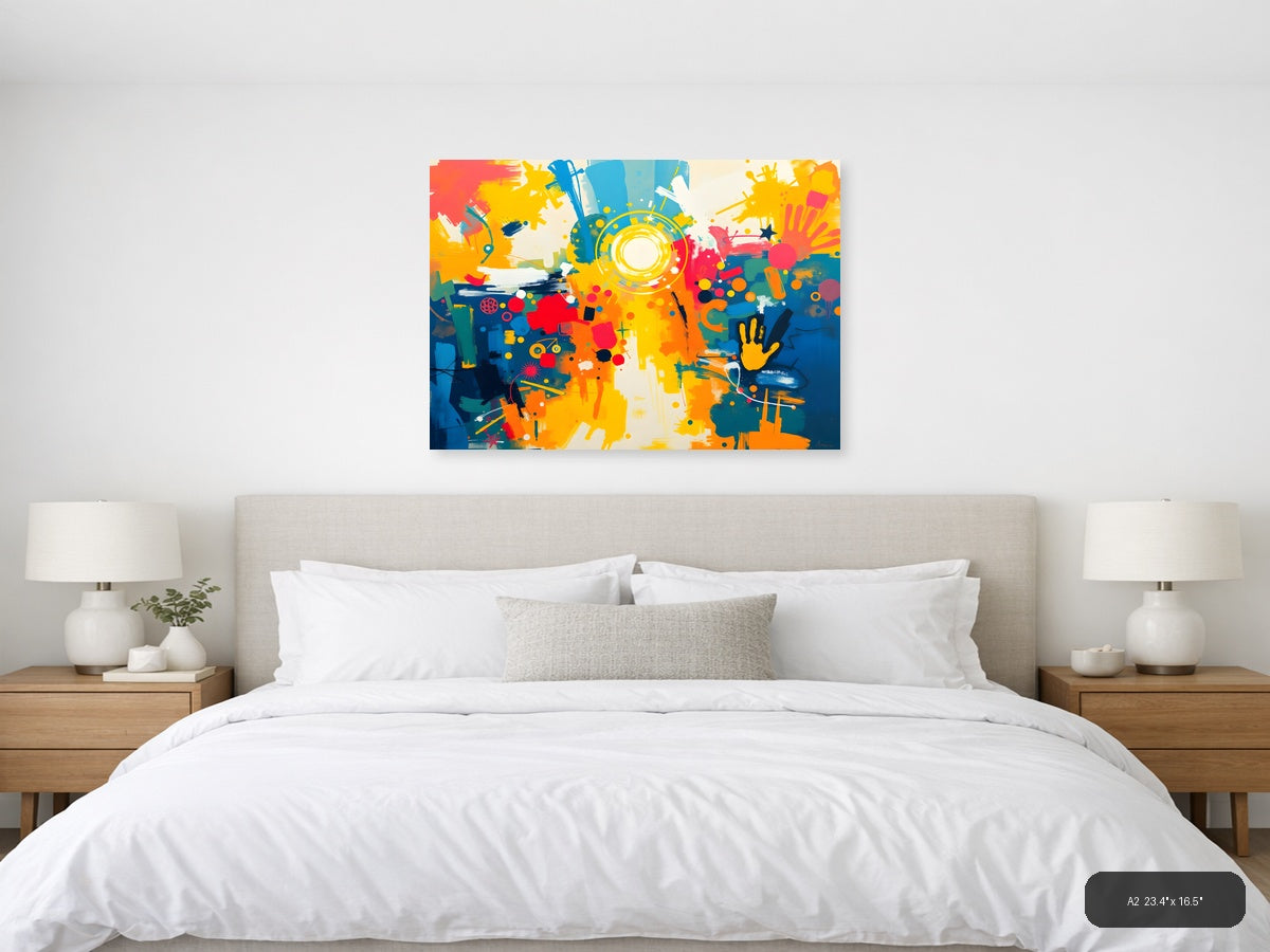 Vibrant Abstract Explosion Circular Yellow Focal Point Wall Art — A2 / Bedroom