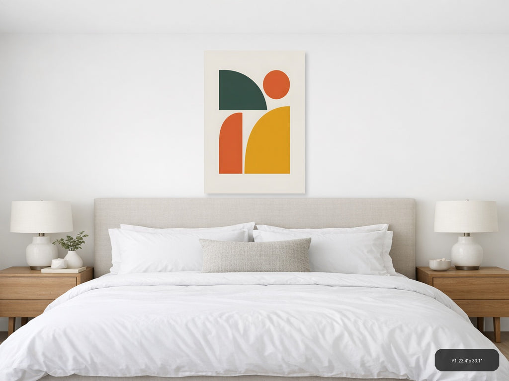 Minimalist Geometric Shapes in Green, Orange & Gold Wall Art — A1 / Bedroom