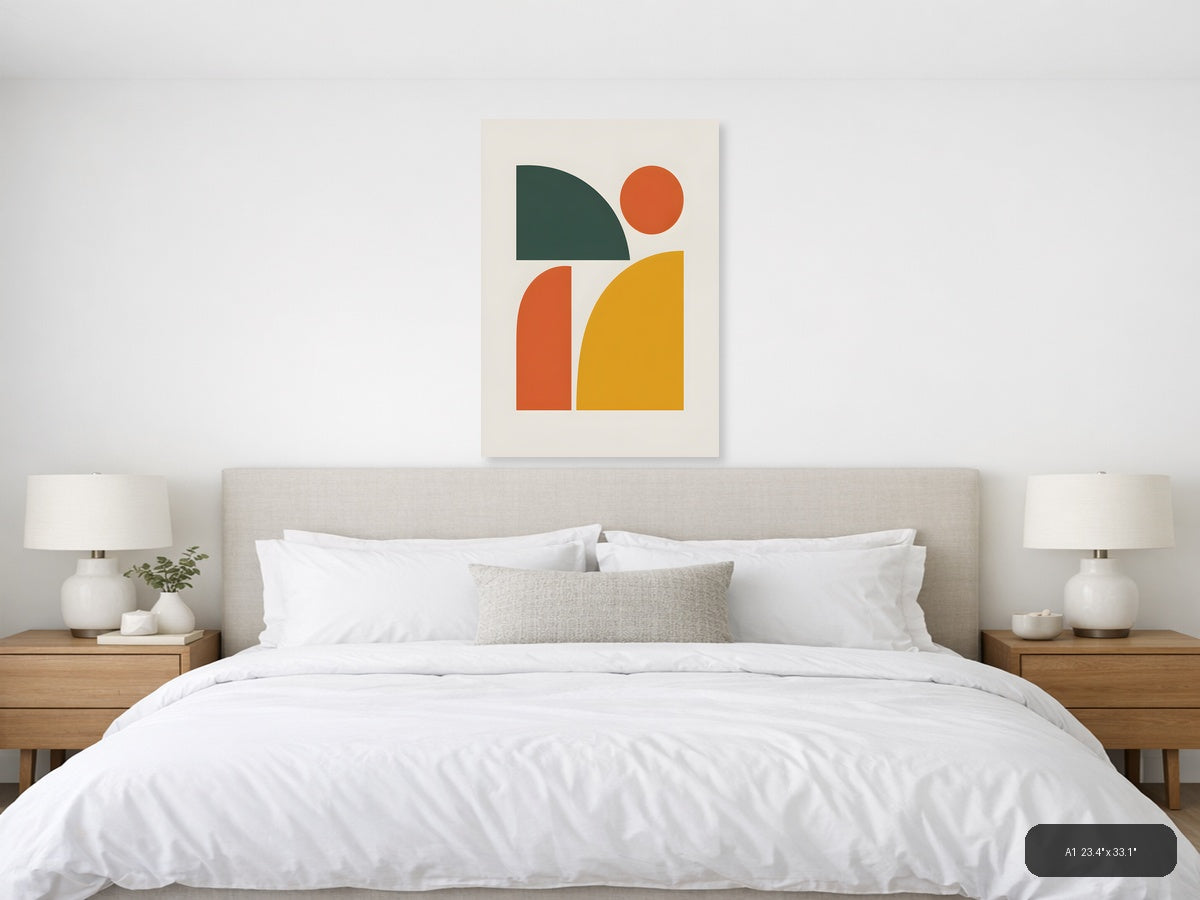 Minimalist Geometric Shapes in Green, Orange & Gold Wall Art — A1 / Bedroom