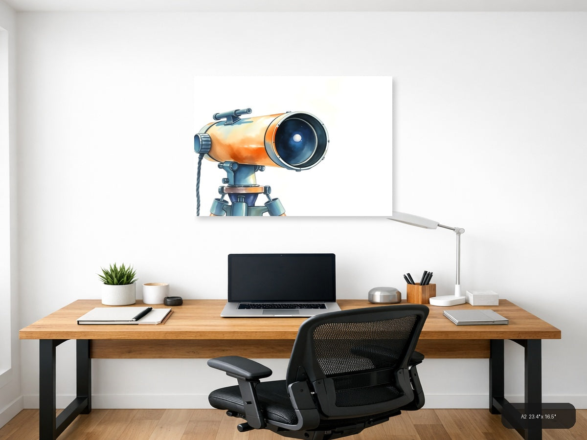 Vintage Telescope Watercolor Illustration Wall Art — A2 / Office