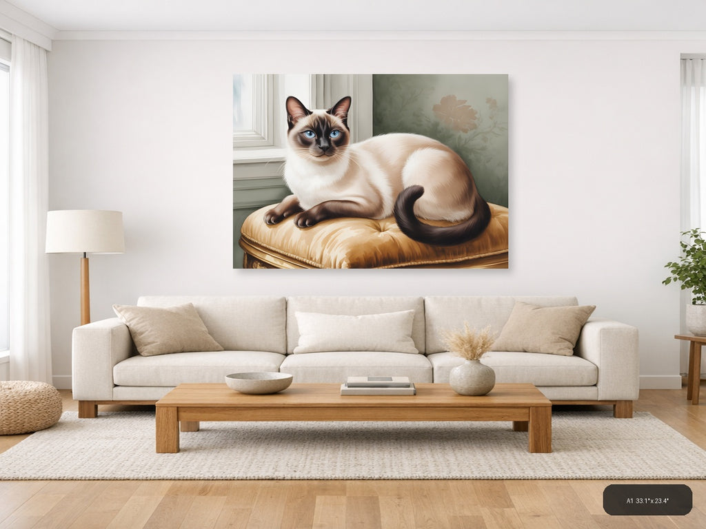 Siamese Cat on Gold Cushion Watercolor Wall Art — A1 / Living Room