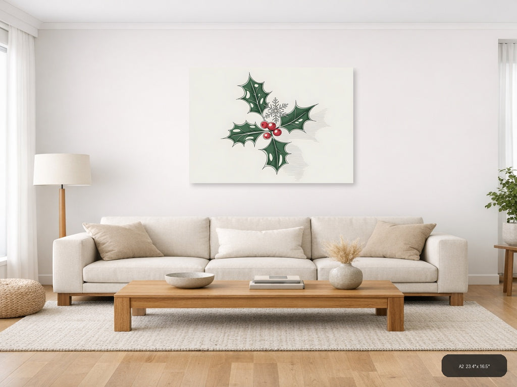 Holly & Snowflake Line Art Christmas Wall Art — A2 / Living Room
