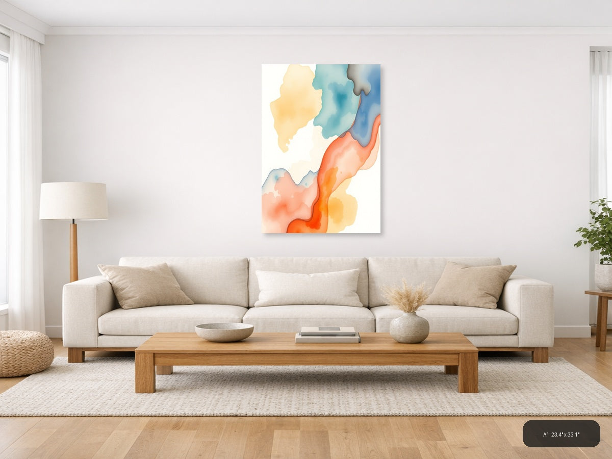 Abstract Watercolor Landscape with Warm Orange & Cool Blue Wall Art — A1 / Living Room