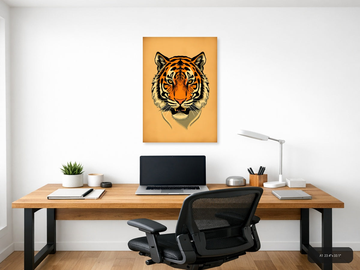 Vintage Tiger Head Portrait Orange Wall Art — A1 / Office