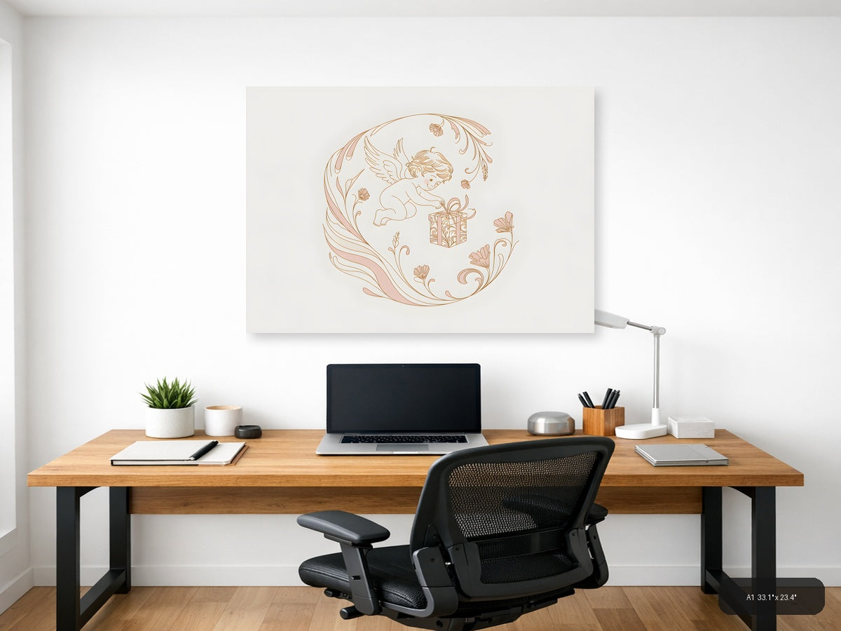 Cherub Gift Line Art Wall Art in Rose Gold — A1 / Office