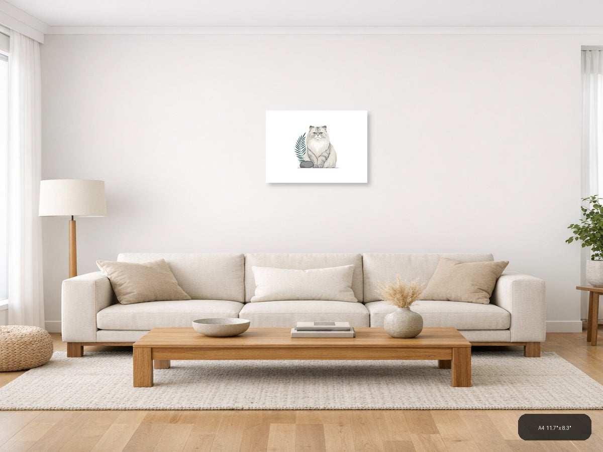 Fluffy White Cat with Plant Minimalist Wall Art — A4 / Living Room