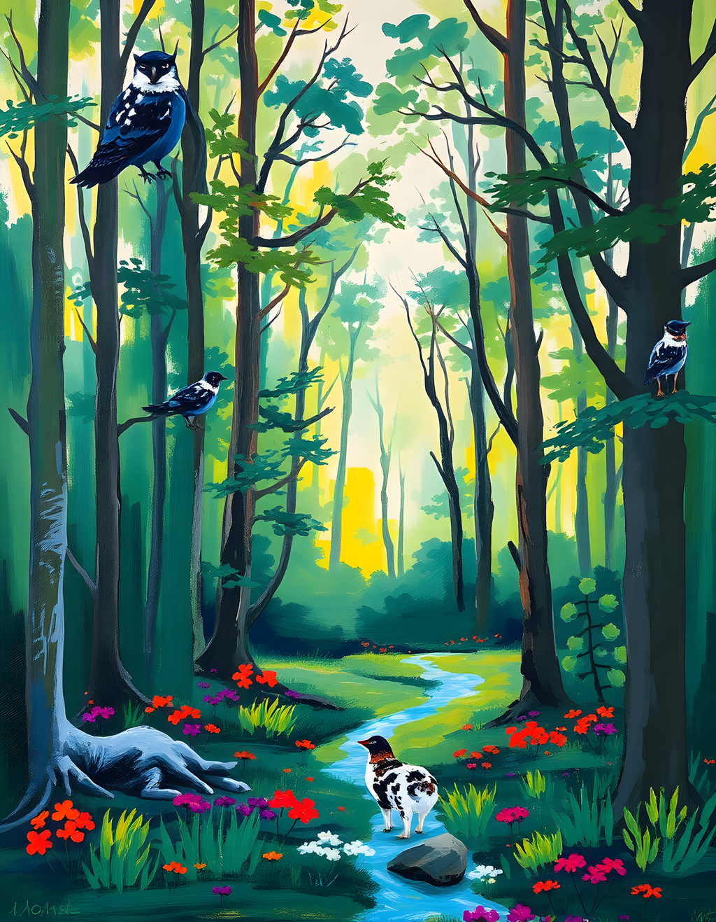 Forest Stream with Birds Abstract Wall Art