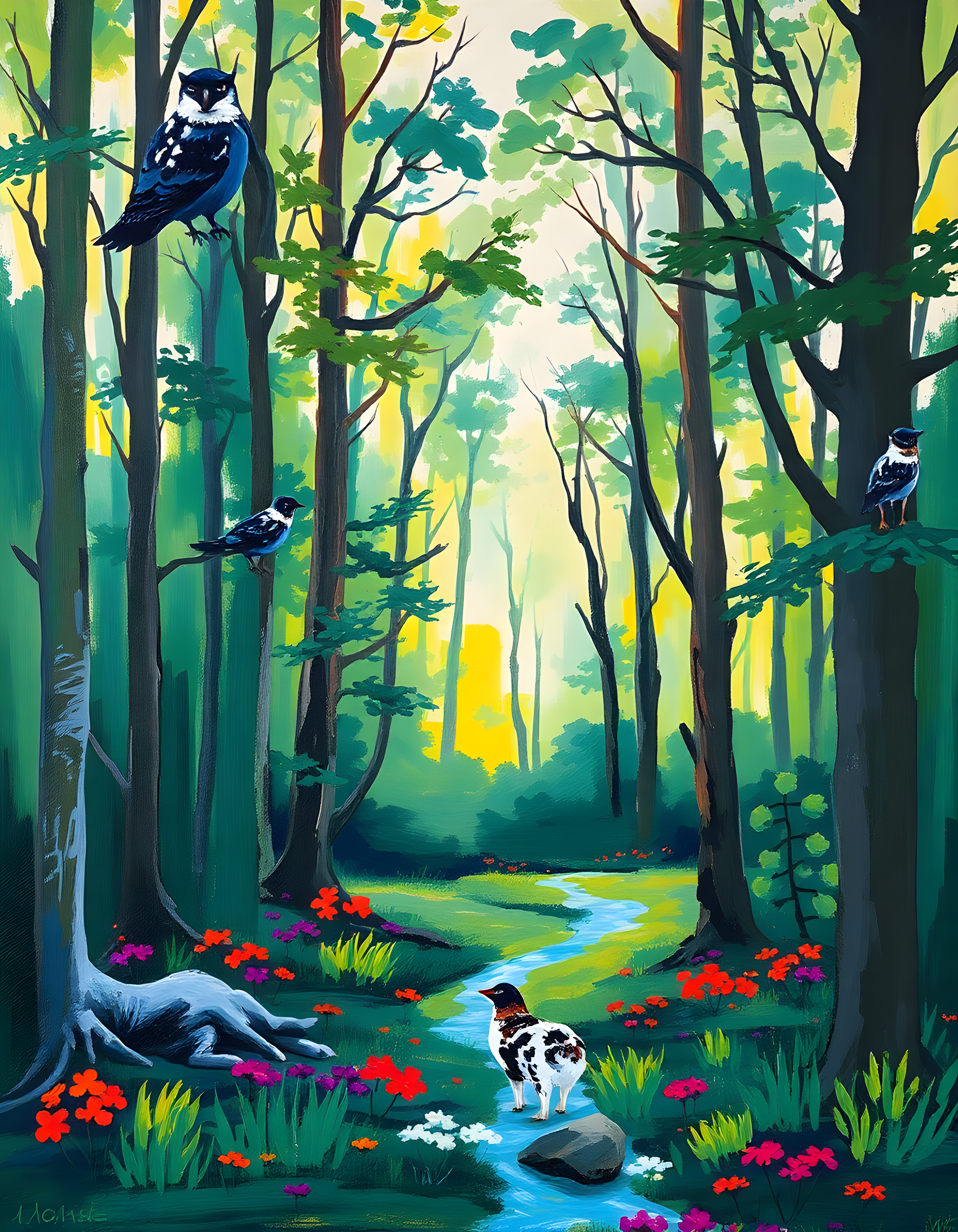 Forest Stream with Birds Abstract Wall Art