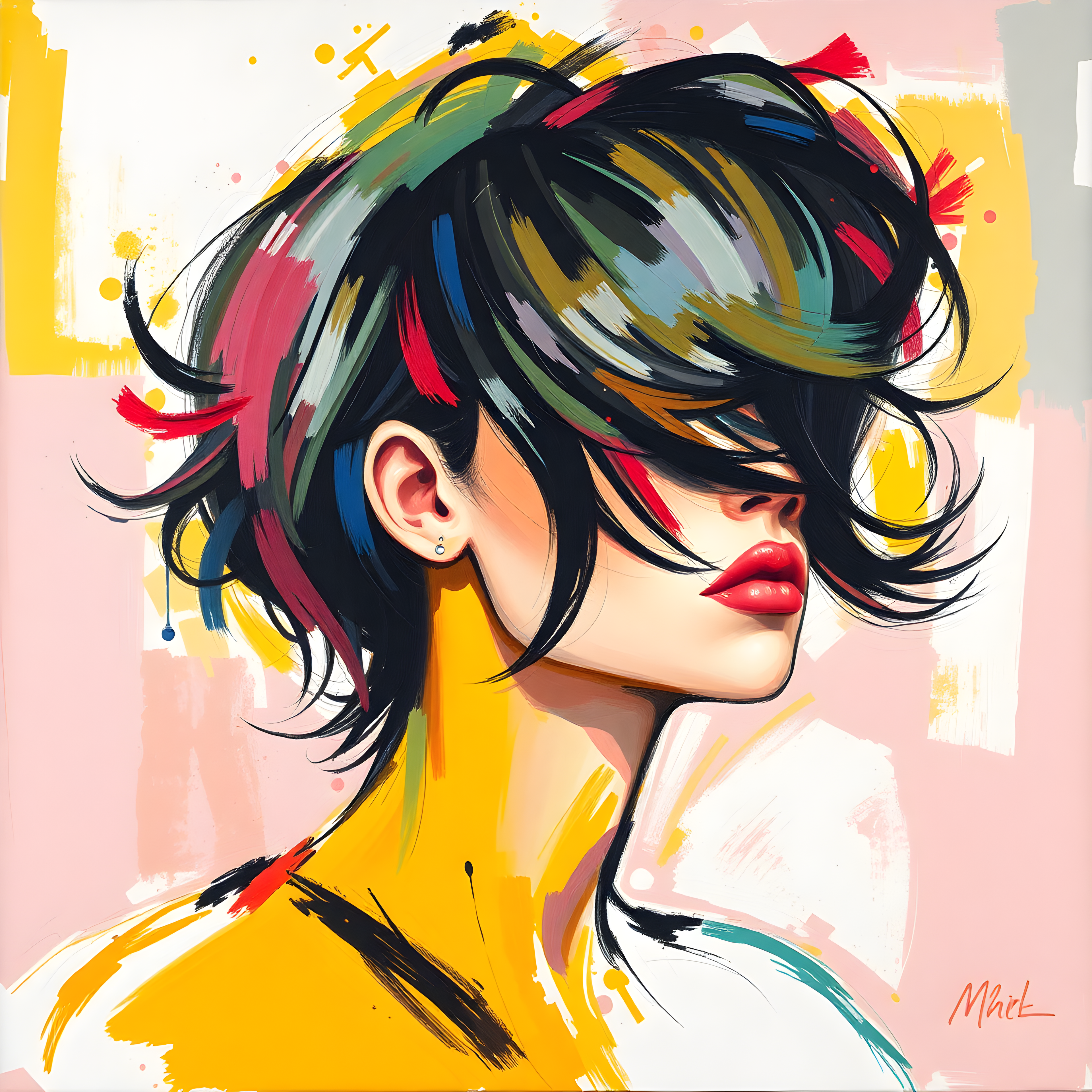 Colorful Abstract Portrait with Black Hair Wall Art