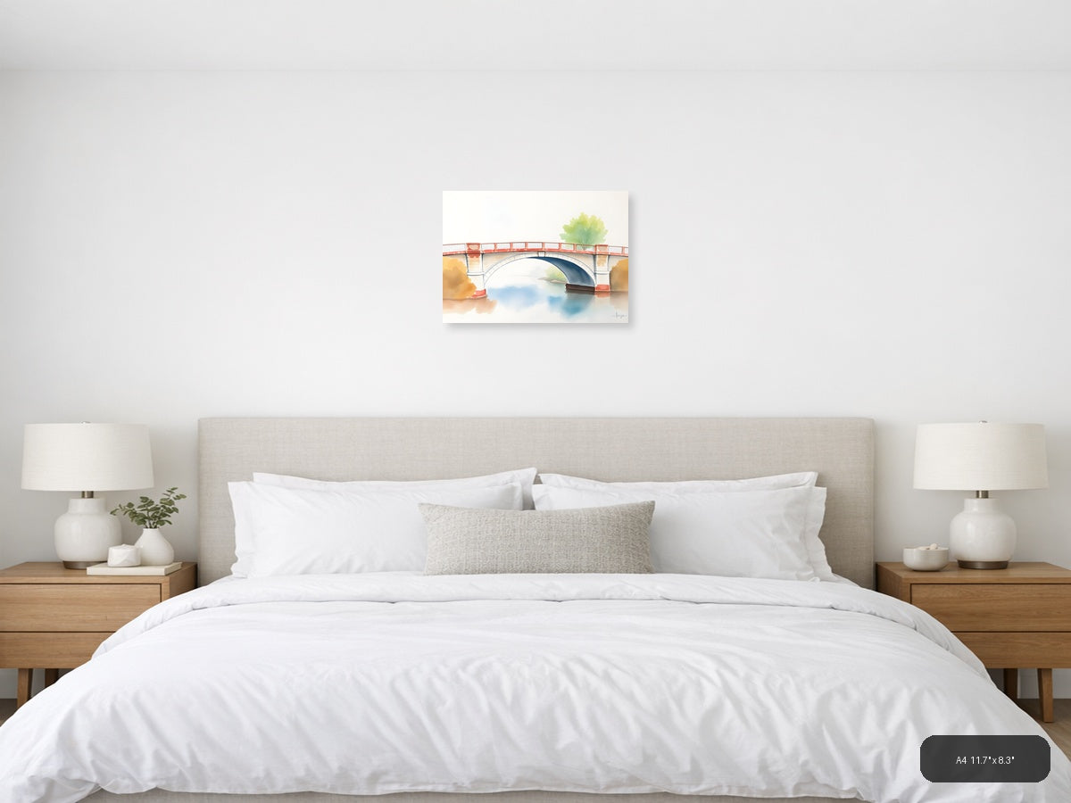 Watercolor Bridge Over Calm Water - Landscape Wall Art — A4 / Bedroom
