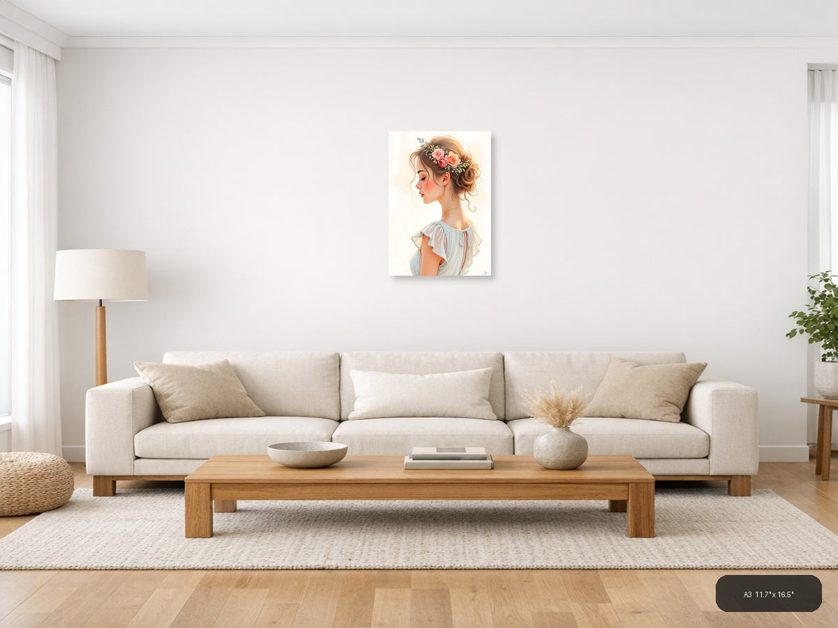 Elegant Woman with Floral Crown Watercolor Wall Art — A3 / Living Room