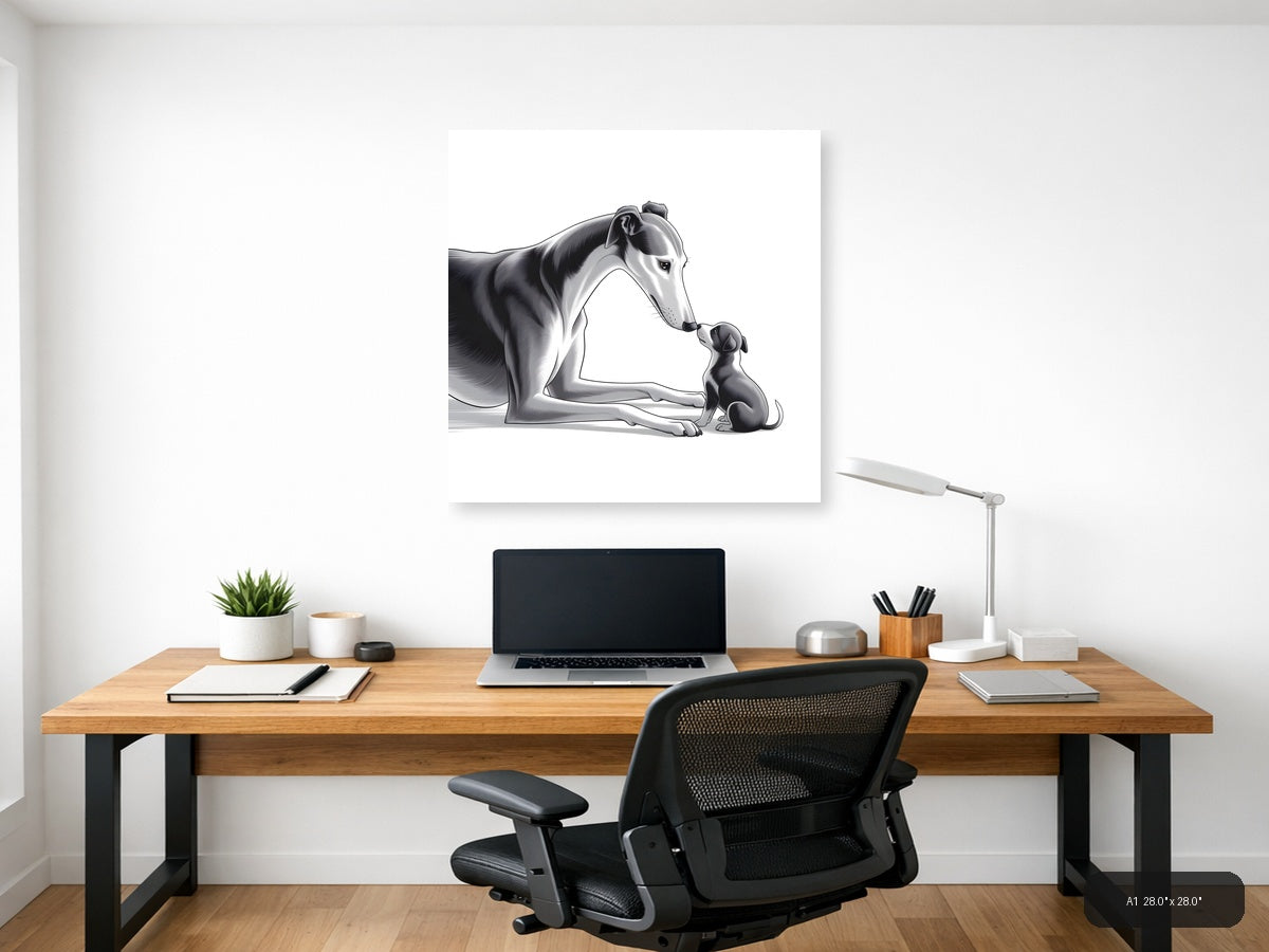 Large Dog and Puppy Minimalist Black White Wall Art — A1 / Office