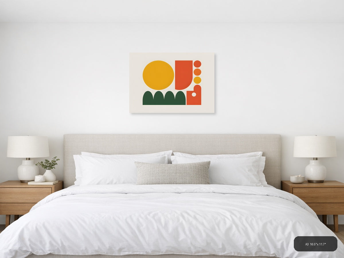 Minimalist Cactus & Geometric Shapes Landscape Wall Art — A3 / Bedroom