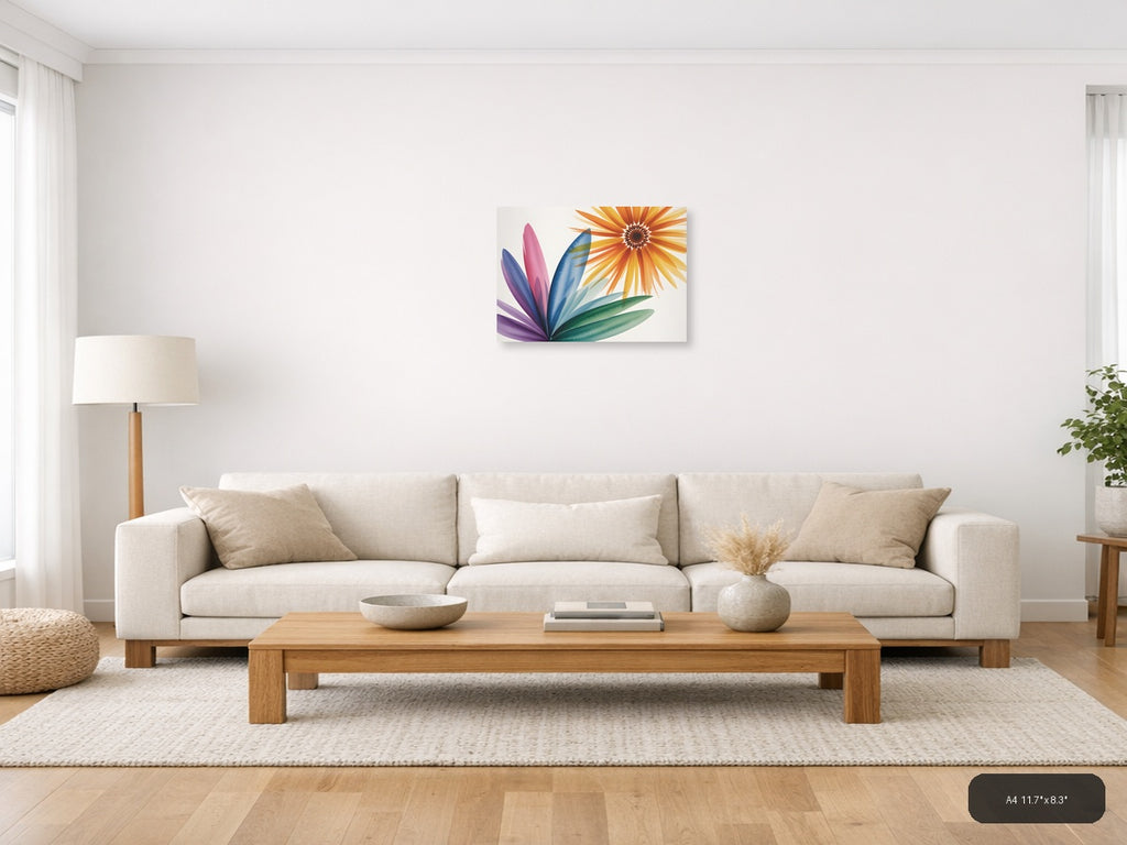 Colorful Watercolor Sunflower & Petals Landscape Wall Art — A4 / Living Room
