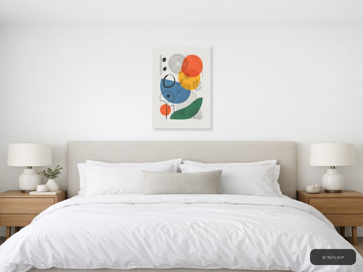 Abstract Geometric Line Art with Colorful Circles Wall Art — A2 / Bedroom