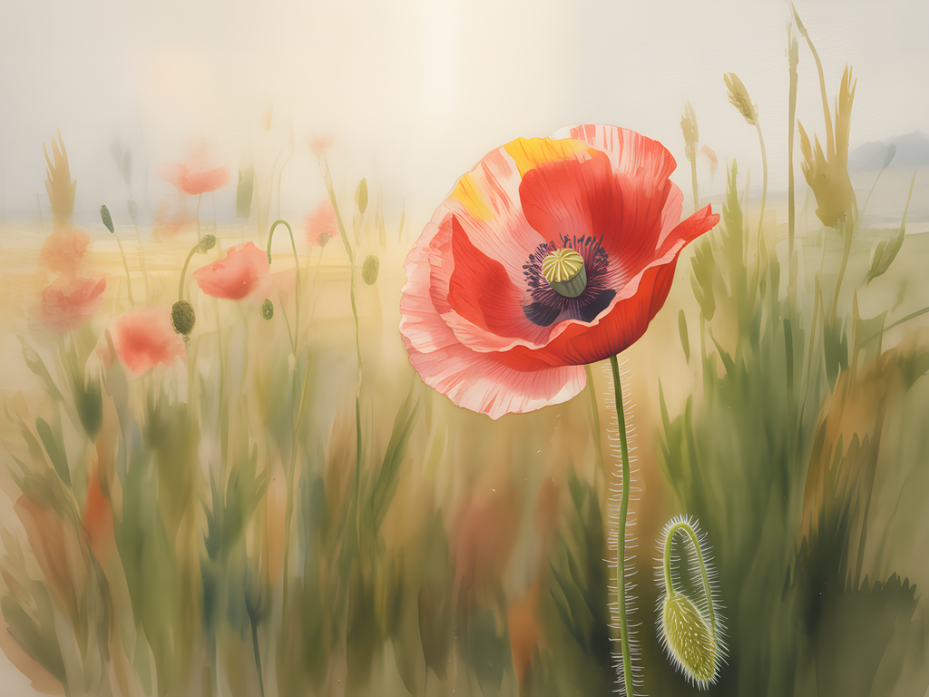 Red Poppy Wildflower Watercolor Landscape Wall Art